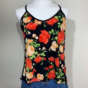 Love J Floral Cami Tank Top Womens Medium Black Red RoseRacerback V-Neck Stretch